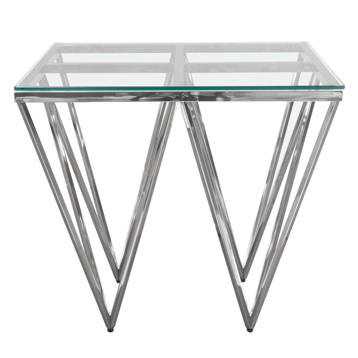 Omni Square End Table with Clear Tempered Glass Top and Polished Stainless Steel Base by Diamond Sofa