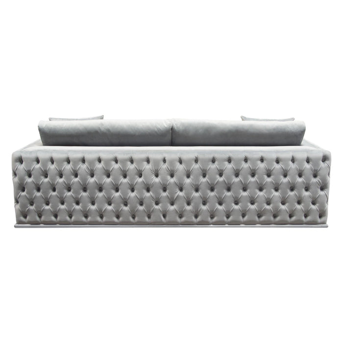 Envy Sofa in Platinum Grey Velvet with Tufted Outside Detail and Silver Metal Trim by Diamond Sofa
