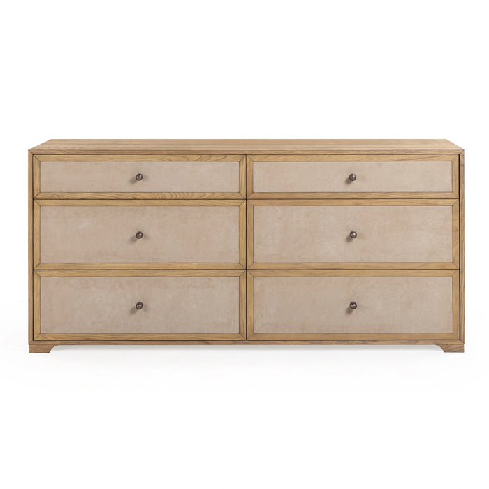 Laurentis 64" Light Taupe Suede and Wood 6-Drawer Dresser
