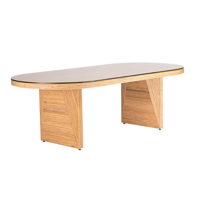 Caren 95" Natural Rattan and Glass Oval Dining Table