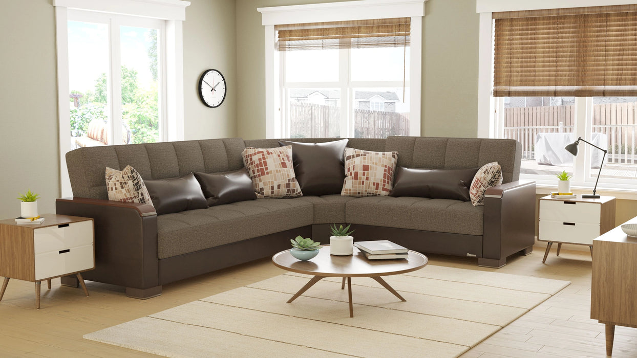 Ottomanson Armada X Collection Upholstered Convertible Wood Trimmed Sectional with Storage