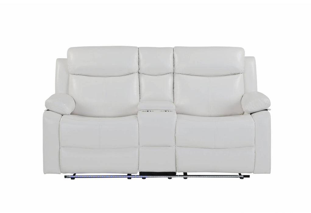 U6026 Blanche White Console Reclining Loveseat with LED and Speaker