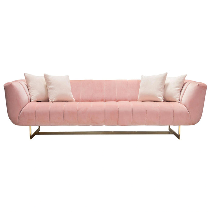 Venus Sofa in Blush Pink Velvet w/ Contrasting Pillows & Gold Finished Metal Base by Diamond Sofa