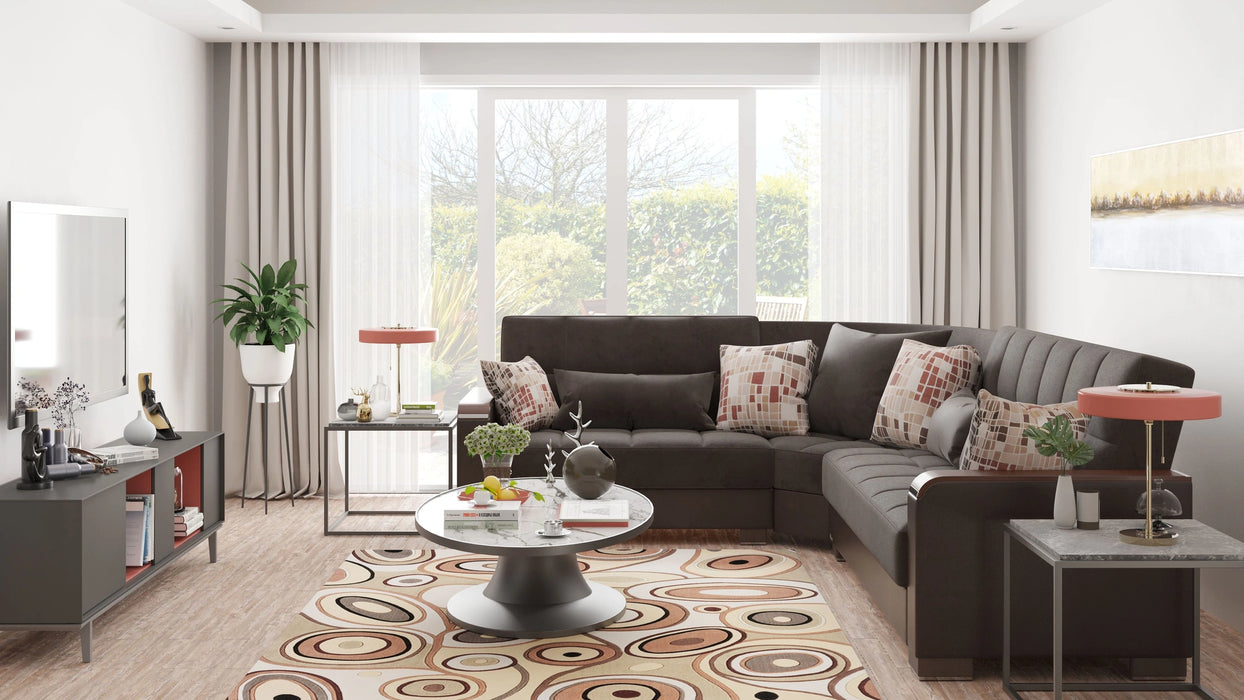 Ottomanson Armada X Collection Upholstered Convertible Wood Trimmed Sectional with Storage