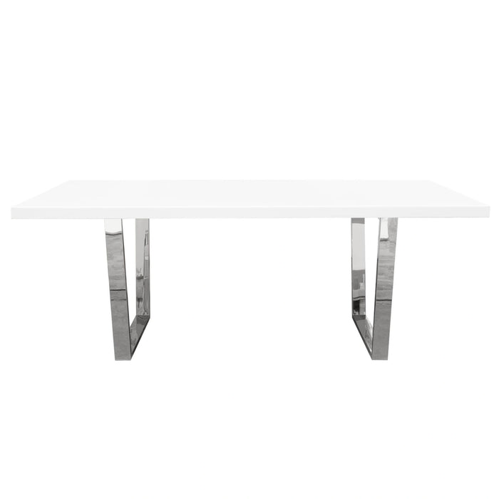 Mirage Rectangular Dining Table w/ White Lacquer Top and Polished Silver Metal Base by Diamond Sofa
