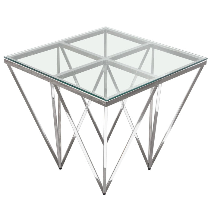 Omni Square End Table with Clear Tempered Glass Top and Polished Stainless Steel Base by Diamond Sofa