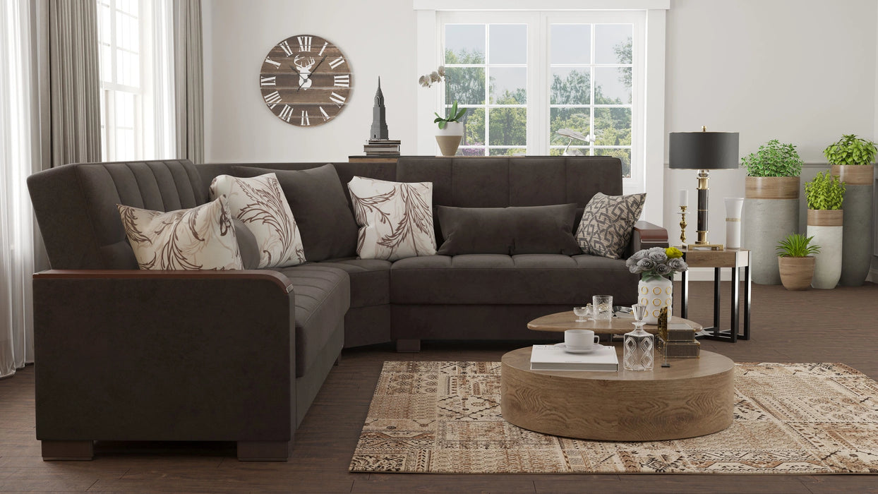 Ottomanson Armada X Collection Upholstered Convertible Wood Trimmed Sectional with Storage
