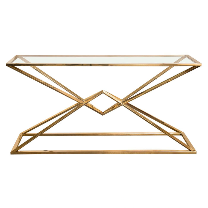 Aria Rectangle Stainless Steel Console Table w/ Polished Gold Finish Base & Clear, Tempered Glass Top by Diamond Sofa