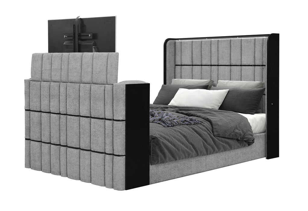 Isabella Grey Bed with LED, TV Lift, Speaker and Fireplace