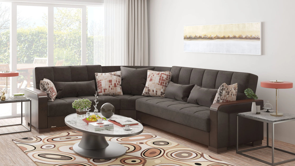 Ottomanson Armada X Collection Upholstered Convertible Wood Trimmed Sectional with Storage