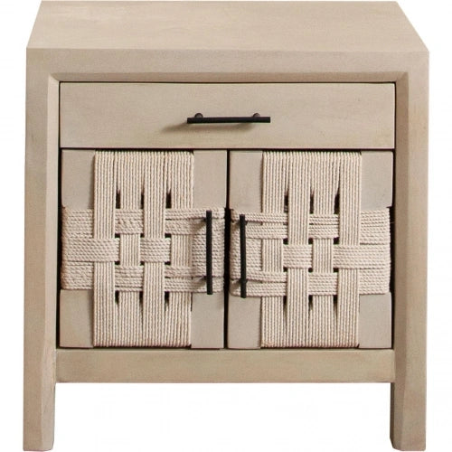 Palm Solid Mango Wood 2-Door, 1-Drawer End Table in Natural Finish w/ Woven Rope Door Fronts