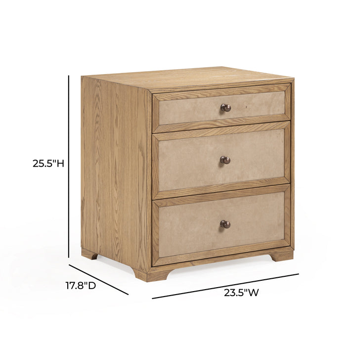 Laurentis 23.5" Light Taupe Suede and Wood 3-Drawer Nightstand