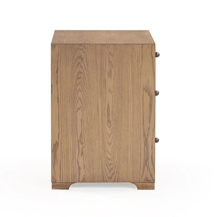 Laurentis 23.5" Light Taupe Suede and Wood 3-Drawer Nightstand