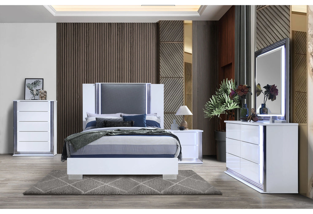 Ylime Smooth White Bed with LED Fully Slatted