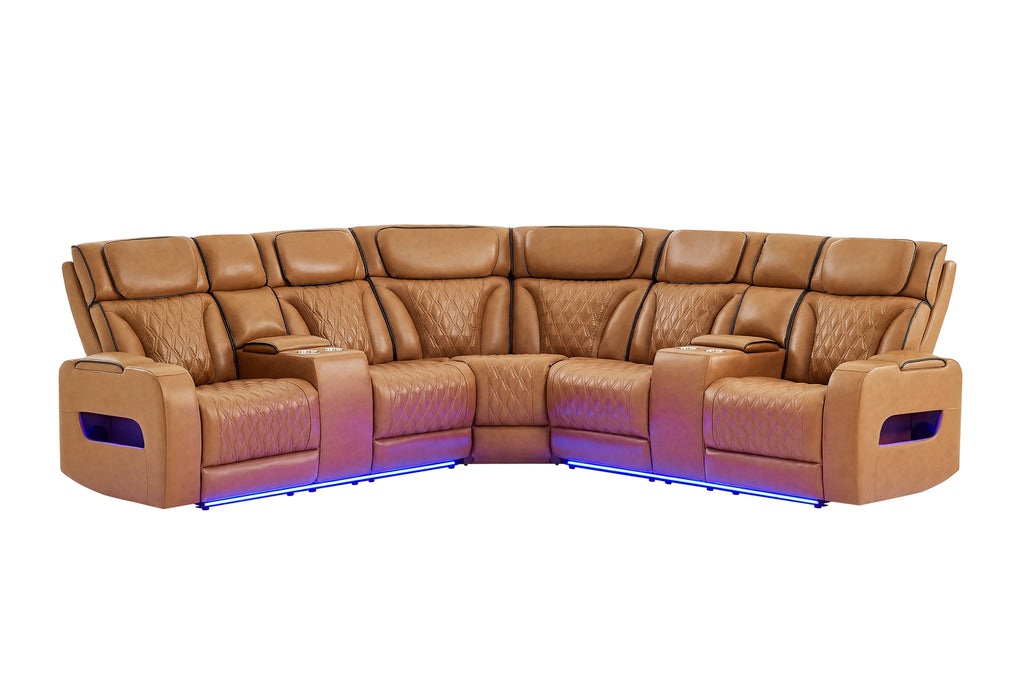 U8611 Camel Sectional with Power Headrest, Continuous LED and Speaker