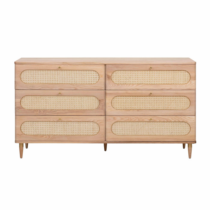 Carmen 63" Natural Ash and Cane 6-Drawer Dresser