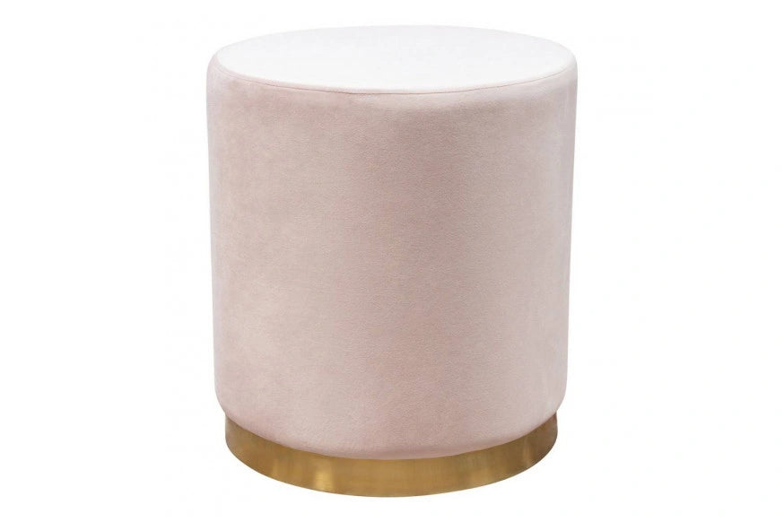 Sorbet Round Accent Ottoman in Blush Pink Velvet w/ Gold Metal Band Accent