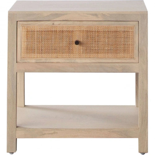 Sadler 1-Drawer Solid Mango Wood Accent Table in Natural Finish w/ Cane Door Fronts