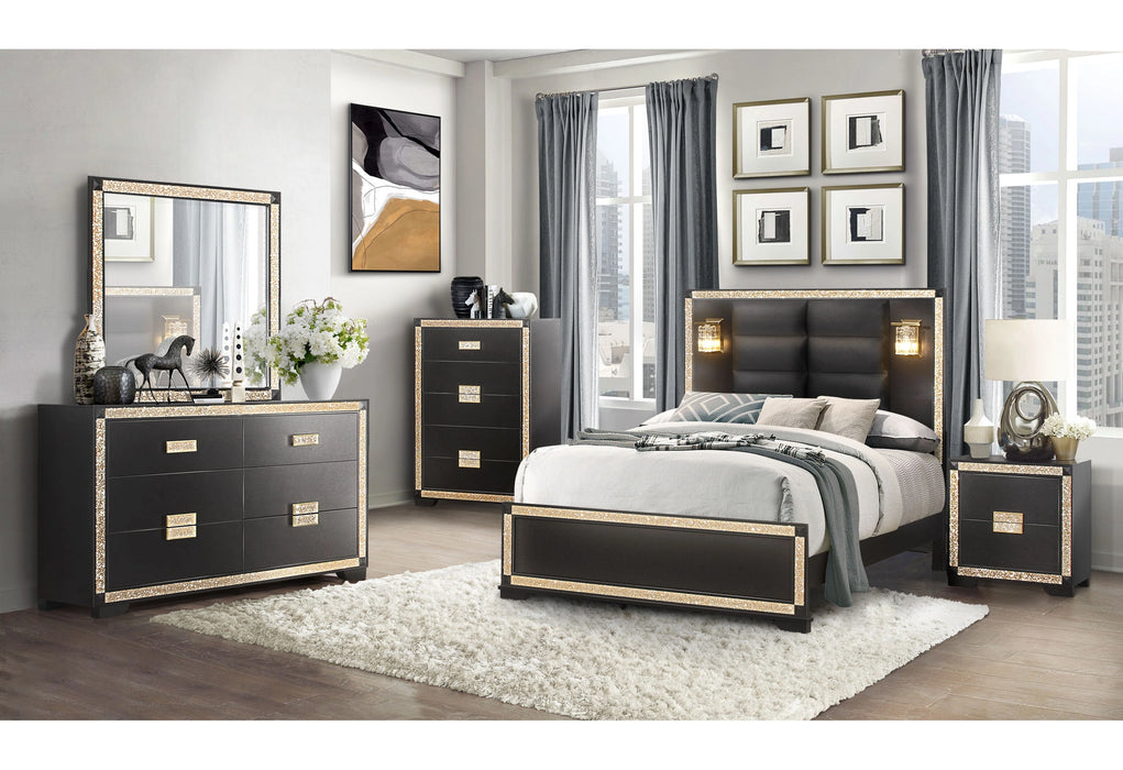 Blake Black/Gold King Bed with Lamps, Dresser, Mirror, 2 Nightstand