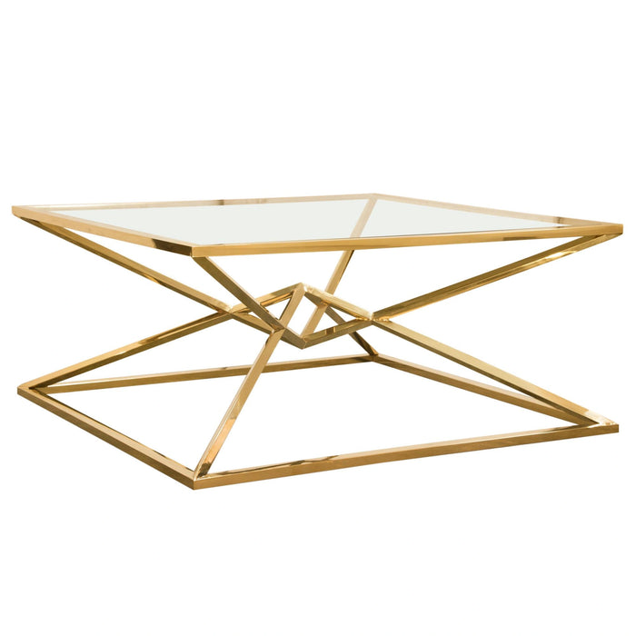 Aria Square Stainless Steel Cocktail Table w/ Polished Gold Finish Base & Clear, Tempered Glass Top by Diamond Sofa