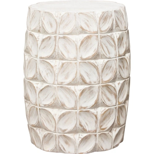 Fig Solid Mango Wood Accent Table in Distressed White Finish w/ Leaf Motif