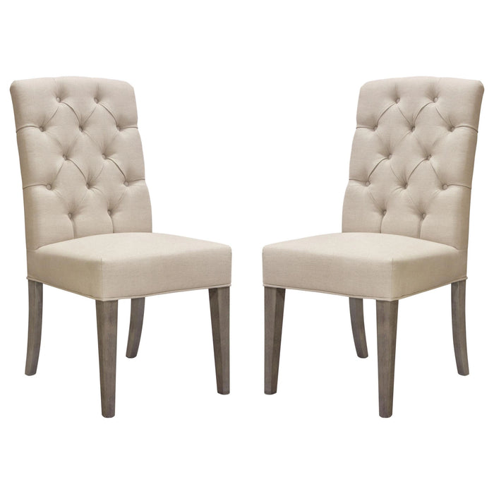 Set of Two Napa Tufted Dining Side Chairs in Sand Linen Fabric with Wood Legs in Grey Oak Finish by Diamond Sofa