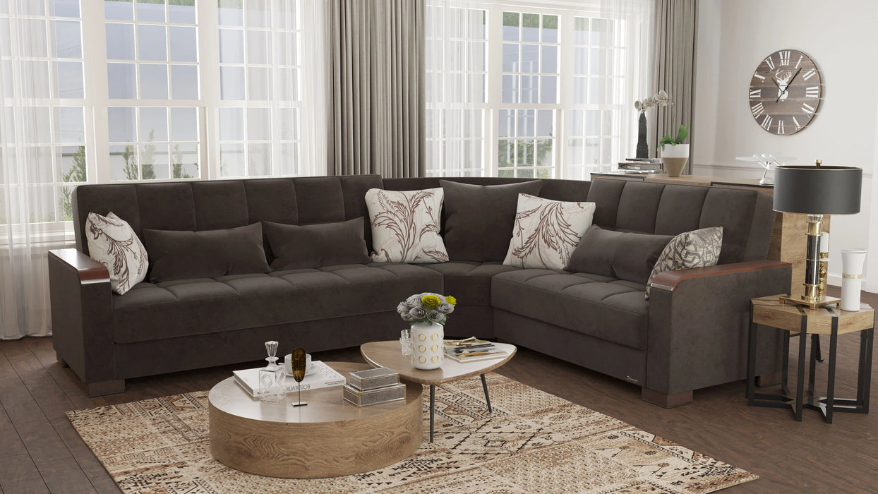 Ottomanson Armada X Collection Upholstered Convertible Wood Trimmed Sectional with Storage