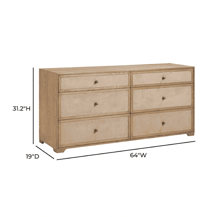 Laurentis 64" Light Taupe Suede and Wood 6-Drawer Dresser