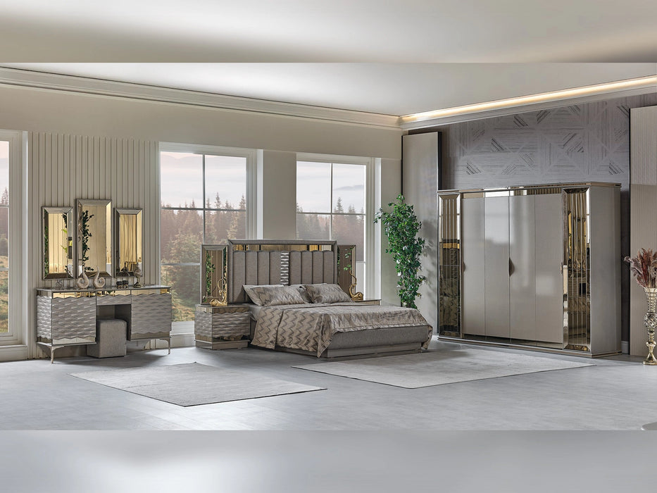 Gokce Bedroom (Queen Frame With Headboard & Dresser With Mirror & Ottoman & 2 Nightstand)