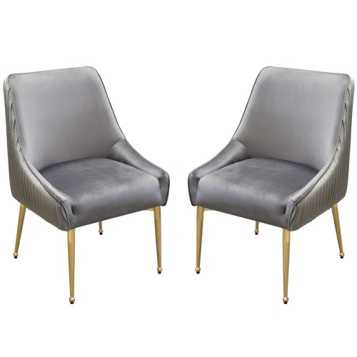 Set of (2) Quinn Dining Chairs w/ Vertical Outside Pleat Detail and Contoured Arm in Grey Velvet w/ Brushed Gold Metal Leg