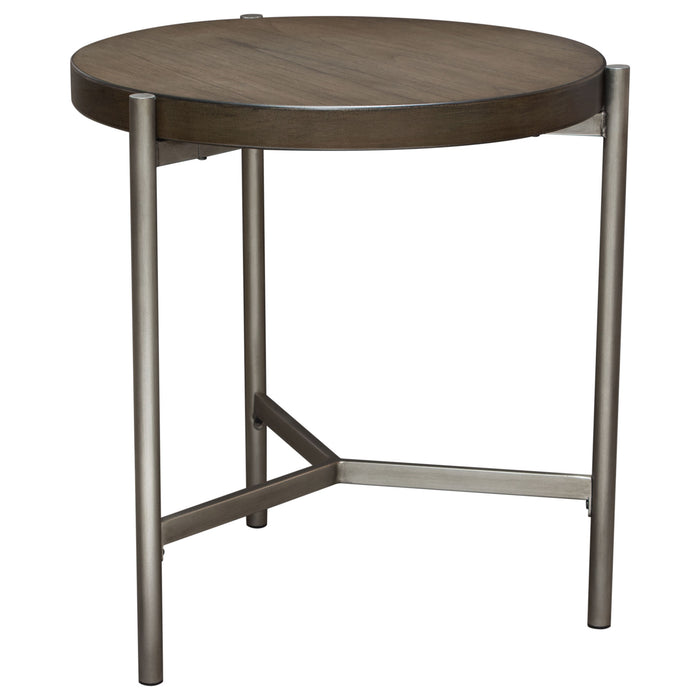 Atwood 22" Round End Table w/ Grey Oak Veneer Top & Brushed Silver Metal Base by Diamond Sofa