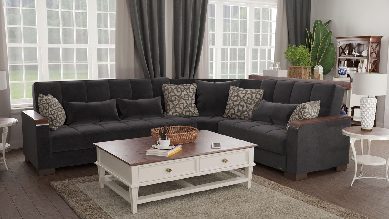 Ottomanson Armada X Collection Upholstered Convertible Wood Trimmed Sectional with Storage