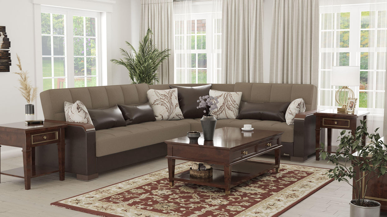 Ottomanson Armada X Collection Upholstered Convertible Wood Trimmed Sectional with Storage