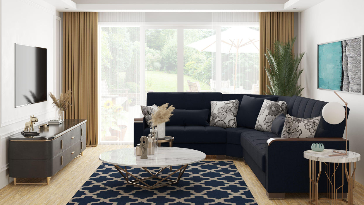 Ottomanson Armada X Collection Upholstered Convertible Wood Trimmed Sectional with Storage