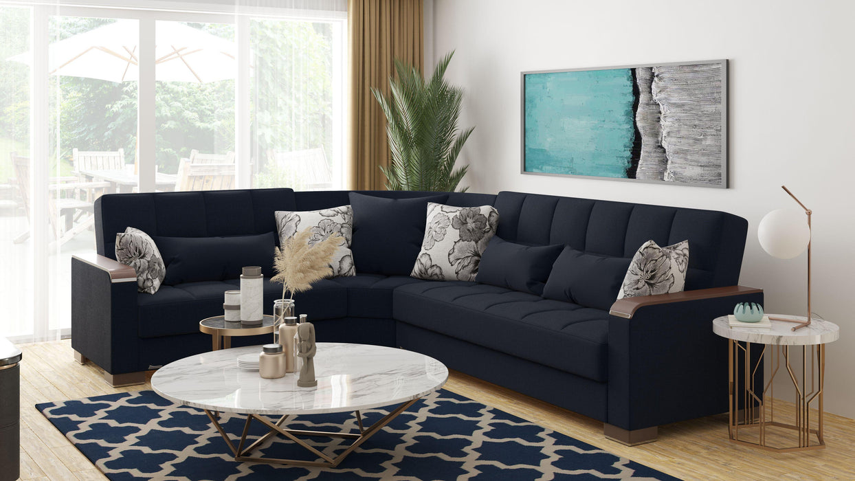 Ottomanson Armada X Collection Upholstered Convertible Wood Trimmed Sectional with Storage