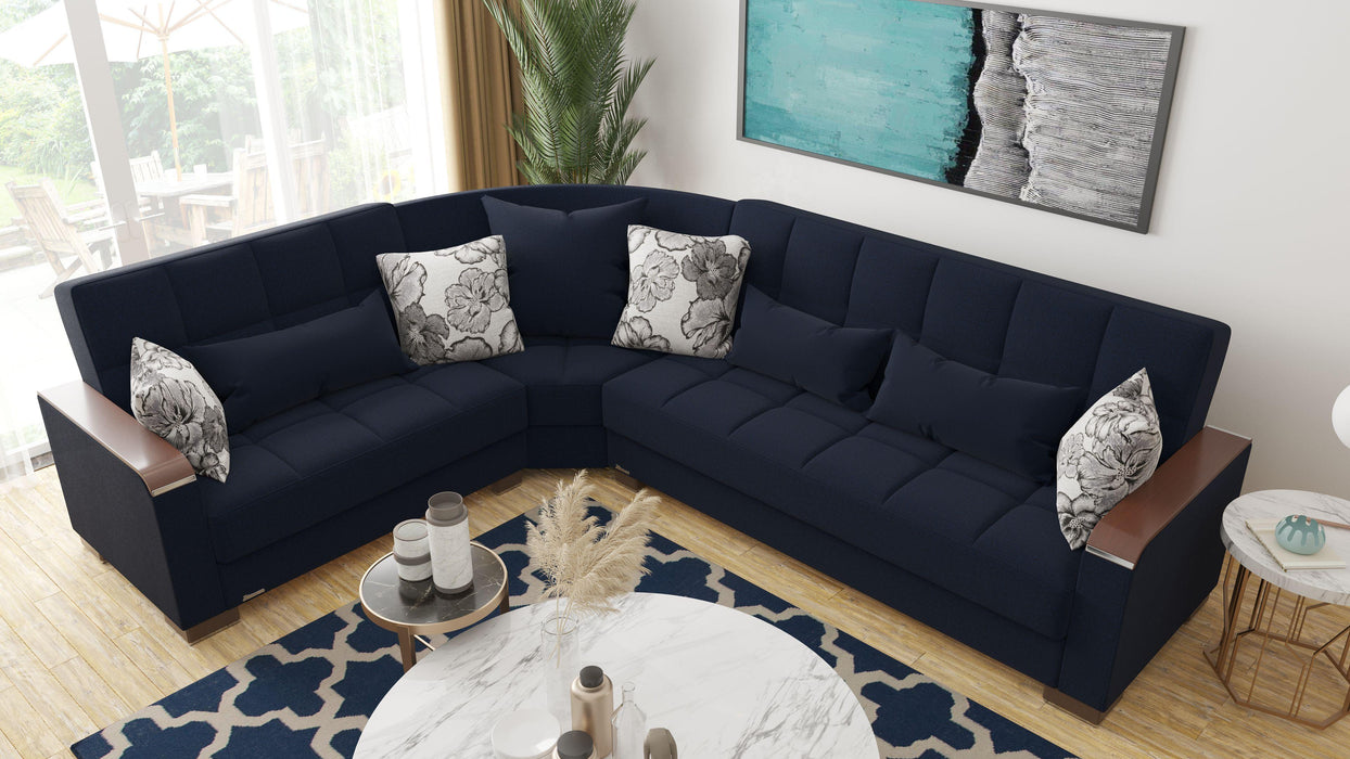 Ottomanson Armada X Collection Upholstered Convertible Wood Trimmed Sectional with Storage