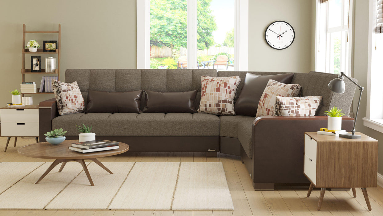 Ottomanson Armada X Collection Upholstered Convertible Wood Trimmed Sectional with Storage