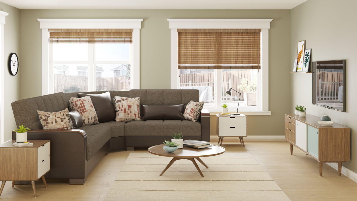 Ottomanson Armada X Collection Upholstered Convertible Wood Trimmed Sectional with Storage