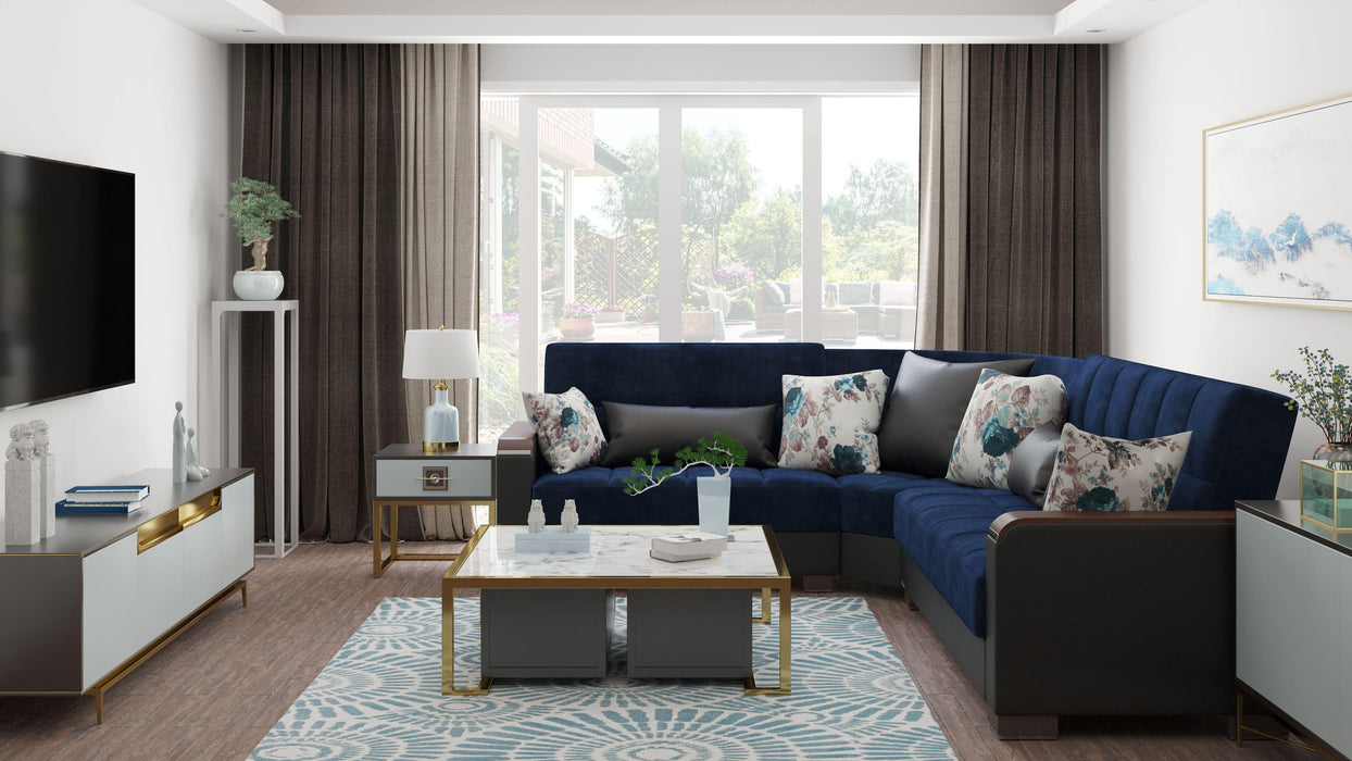 Ottomanson Armada X Collection Upholstered Convertible Wood Trimmed Sectional with Storage