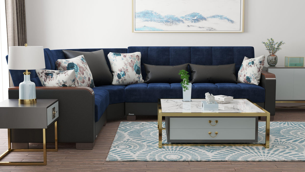 Ottomanson Armada X Collection Upholstered Convertible Wood Trimmed Sectional with Storage