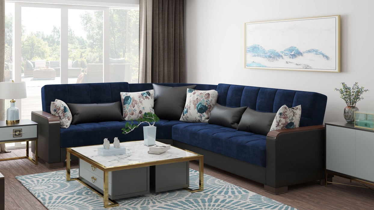 Ottomanson Armada X Collection Upholstered Convertible Wood Trimmed Sectional with Storage