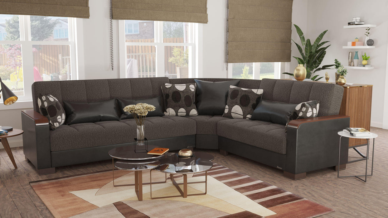 Ottomanson Armada X Collection Upholstered Convertible Wood Trimmed Sectional with Storage