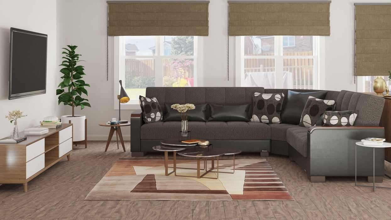 Ottomanson Armada X Collection Upholstered Convertible Wood Trimmed Sectional with Storage