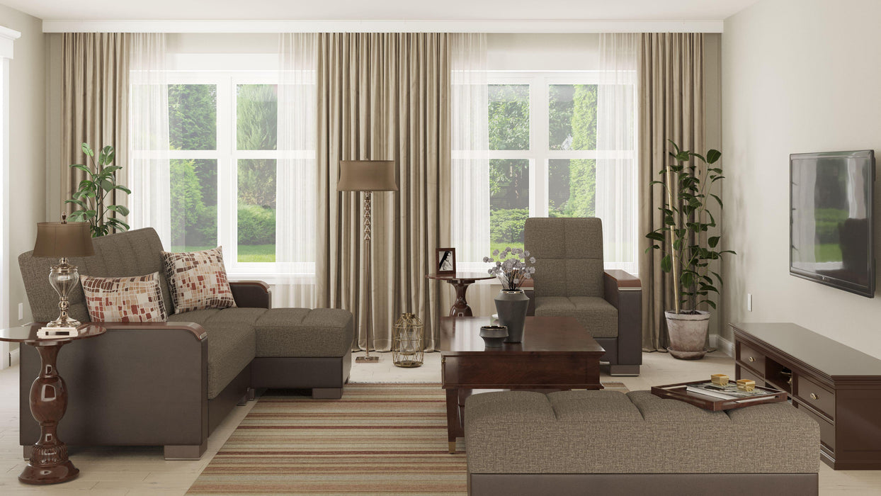 Ottomanson Armada X Collection Upholstered Convertible Wood Trimmed Ottoman with Storage