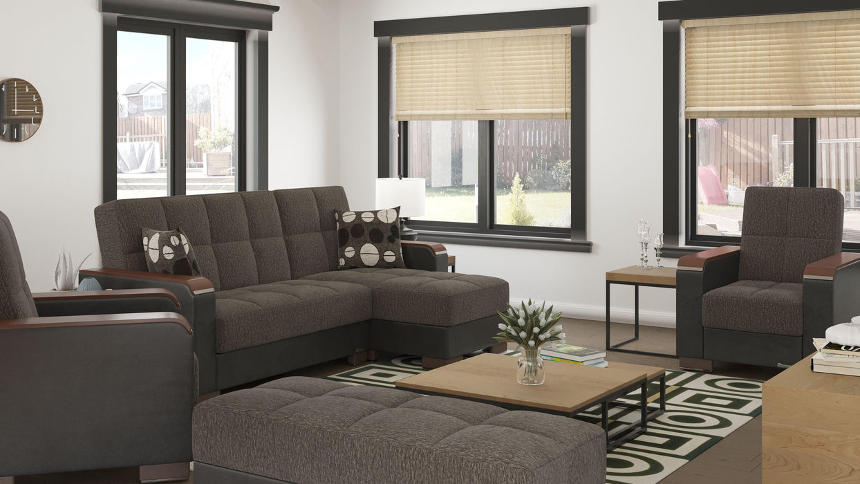 Ottomanson Armada X Collection Upholstered Convertible Wood Trimmed Ottoman with Storage