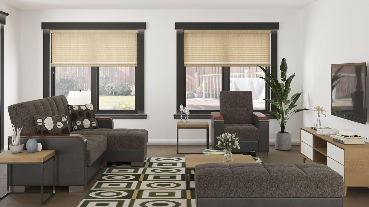 Ottomanson Armada X Collection Upholstered Convertible Wood Trimmed Ottoman with Storage