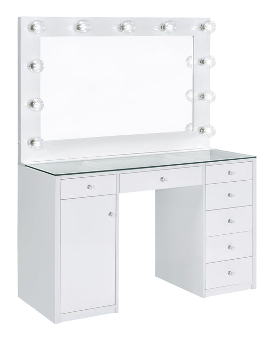 Percy 7-drawer Glass Top Vanity Desk with Lighting White - Home And Beyond