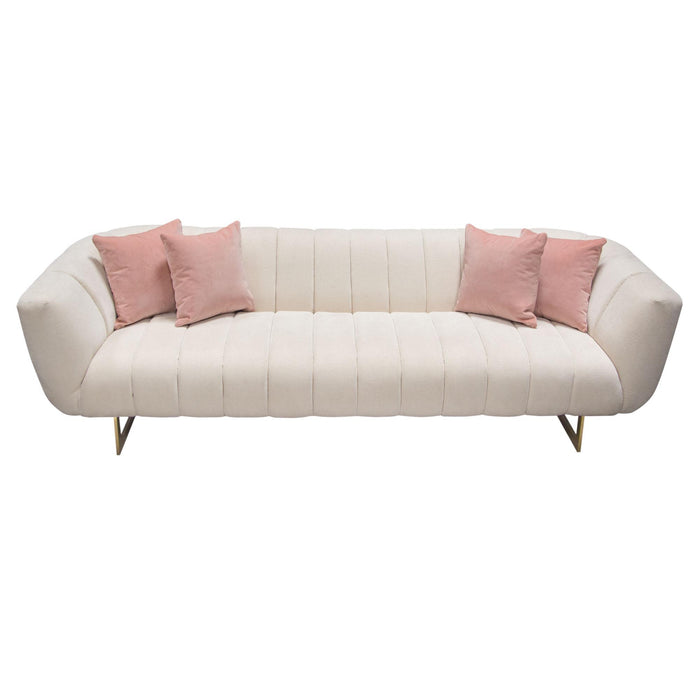 Venus Cream Fabric Sofa w/ Contrasting Pillows & Gold Finished Metal Base by Diamond Sofa