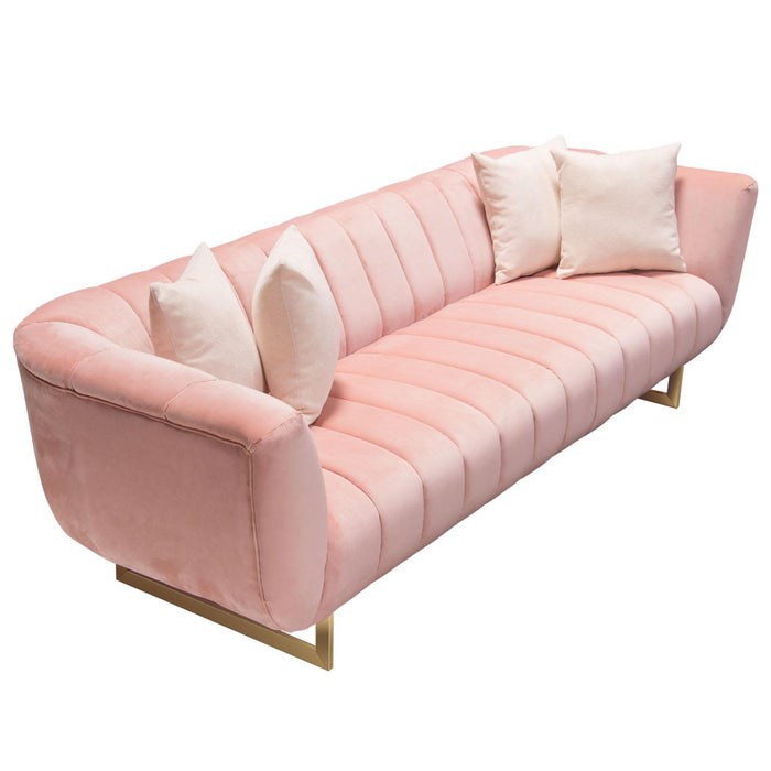 Venus Sofa in Blush Pink Velvet w/ Contrasting Pillows & Gold Finished Metal Base by Diamond Sofa