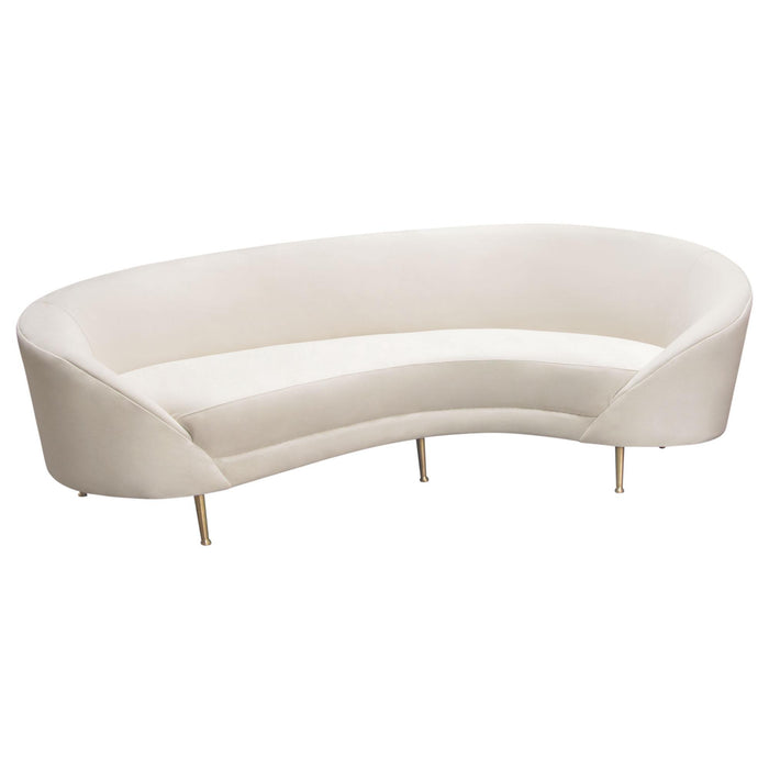 Celine Curved Sofa with Contoured Back in Light Cream Velvet and Gold Metal Legs by Diamond Sofa